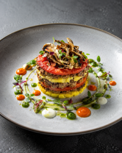 HOME 22 Elegant layered dish with vibrant sauces