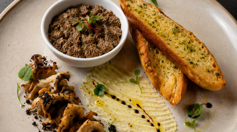 Gourmet mushroom dish with crostini
